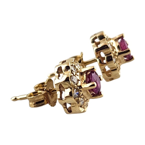 14 Karat Yellow Gold Diamond & Natural Pink Sapphire Halo Stud Earrings #19021 - Picture 4 of 8